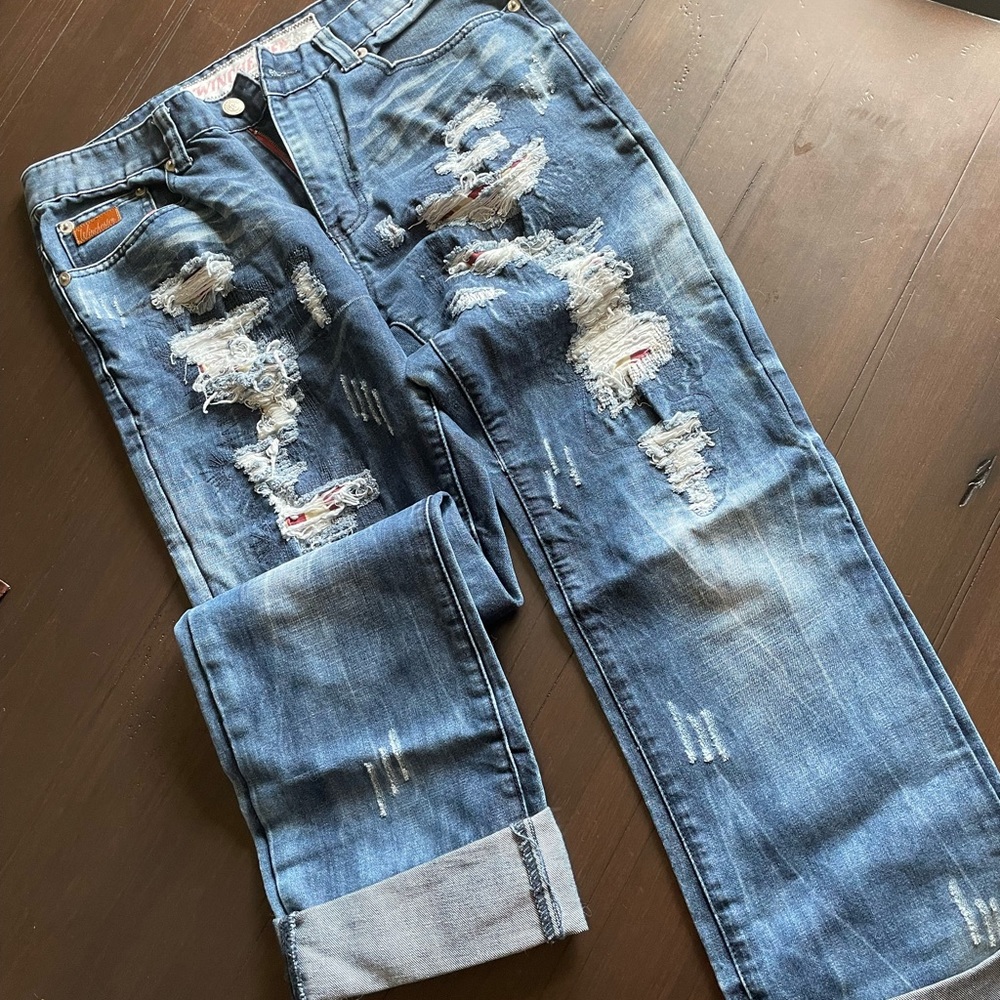 American flag detailed boot cut mens jeans size 34/34